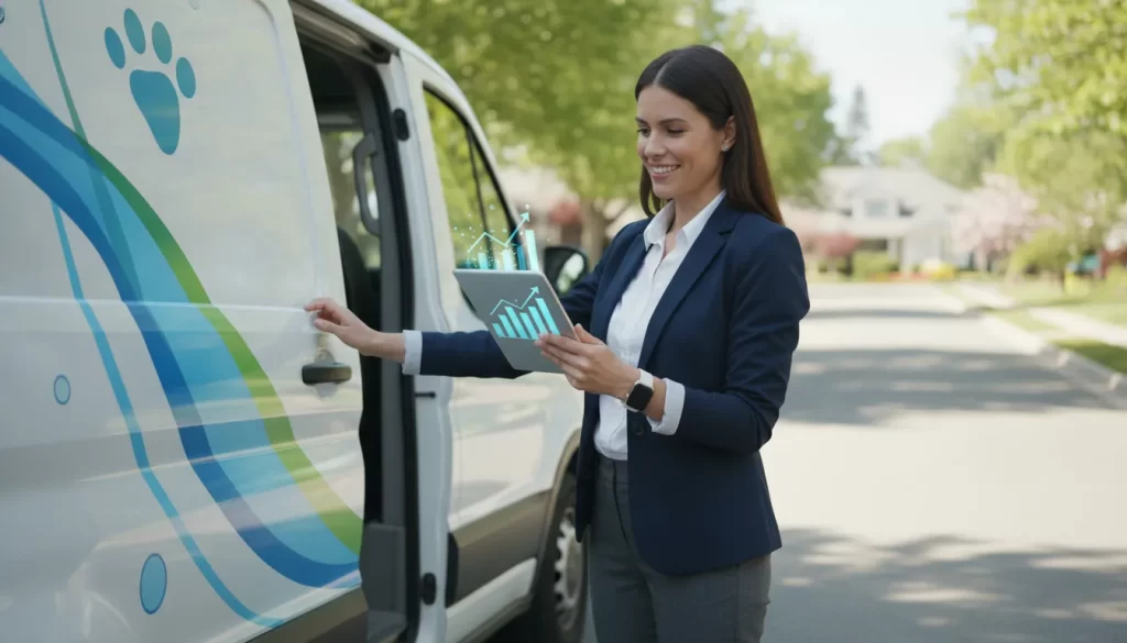 A professional entrepreneur standing beside a modern mobile pet grooming van, representing a dog grooming franchise investment opportunity