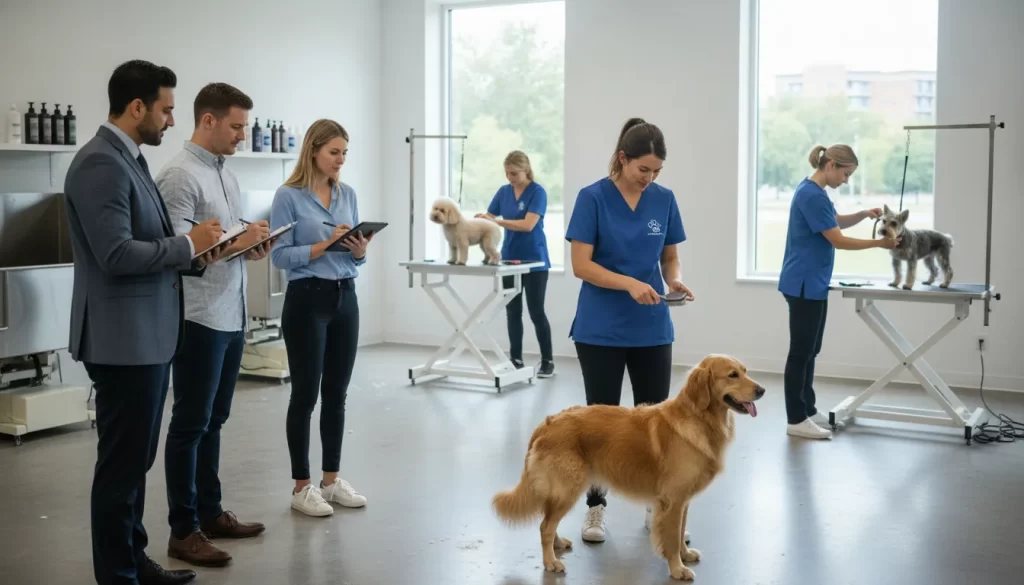 An instructor teaches a student dog grooming techniques at a dog grooming school.