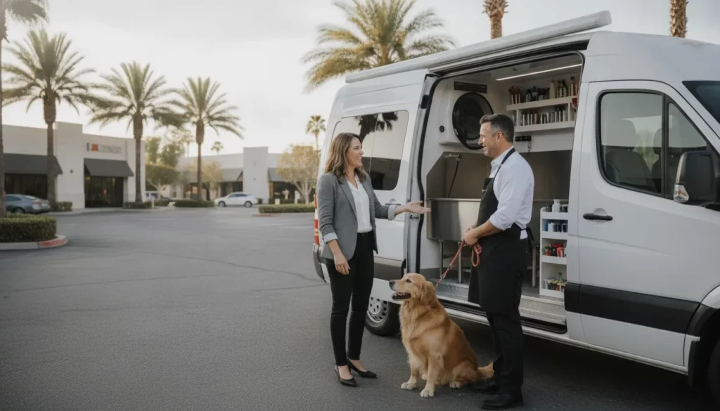 Entrepreneur touring a mobile dog grooming van with a professional groomer