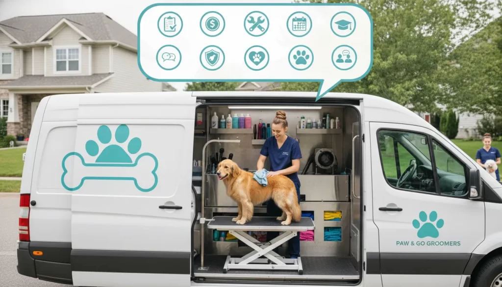 How to start a mobile dog grooming business with a groomer washing a golden retriever in a van.