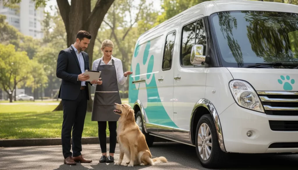Entrepreneur reviewing a mobile dog grooming franchise roadmap beside a grooming van