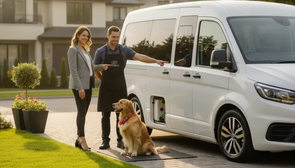 Entrepreneur and trained groomer reviewing a mobile dog grooming franchise van