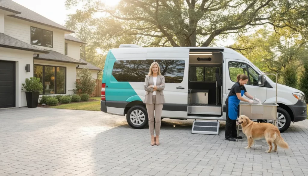 Entrepreneur standing beside a modern mobile dog grooming van