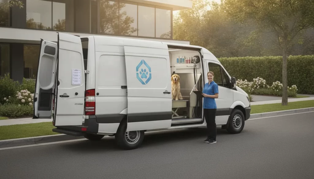 Mobile dog grooming van for sale with a groomer and dog inside.