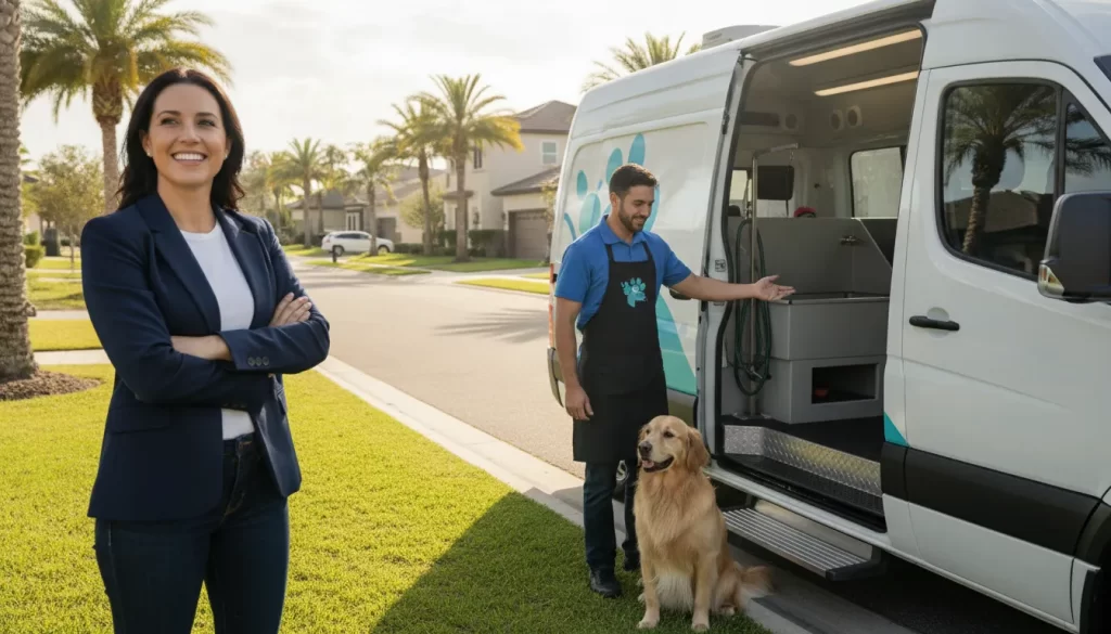 Mobile grooming van supporting pet grooming franchise business operations