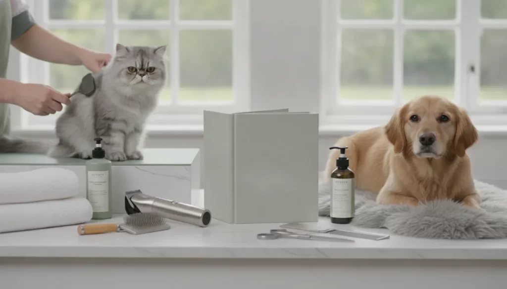 A dog and cat on a table with essential supplies for at-home pet grooming.