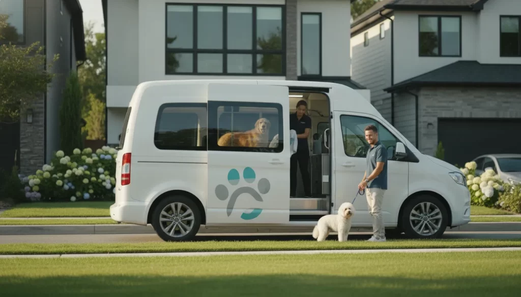 A groomer greets a dog and its owner next to a mobile dog grooming van.