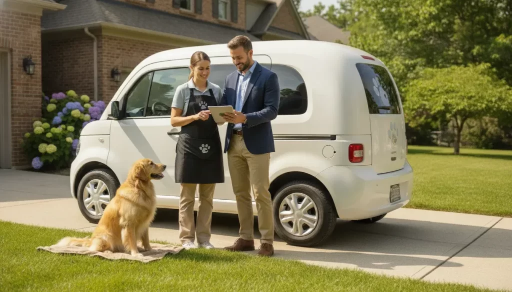 Entrepreneur reviewing a pet franchise opportunity beside a mobile dog grooming van