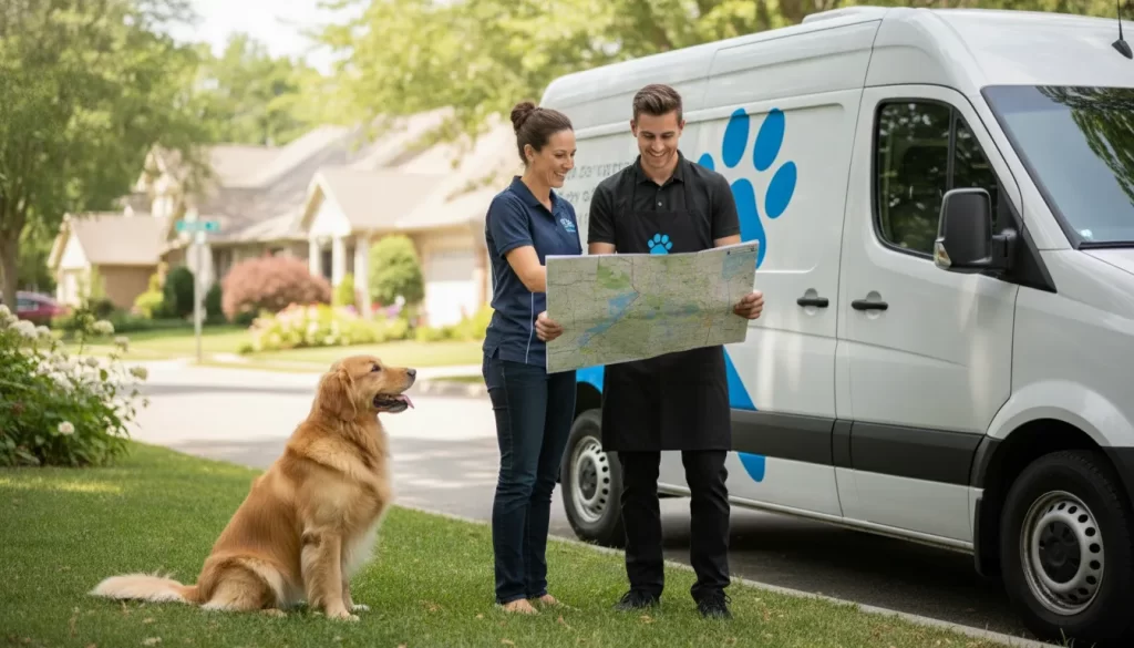 Franchise owner reviewing recurring client routes beside a mobile dog grooming van