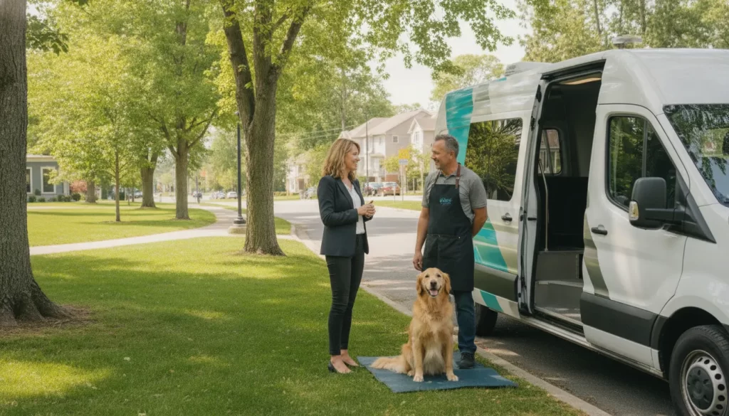 Business owner and professional dog groomer beside a mobile grooming van