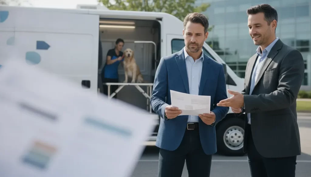 Entrepreneur reviewing a dog grooming franchise investment beside a mobile grooming van