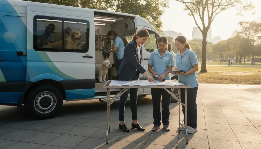 Franchise owner and professional groomers beside a mobile dog grooming van