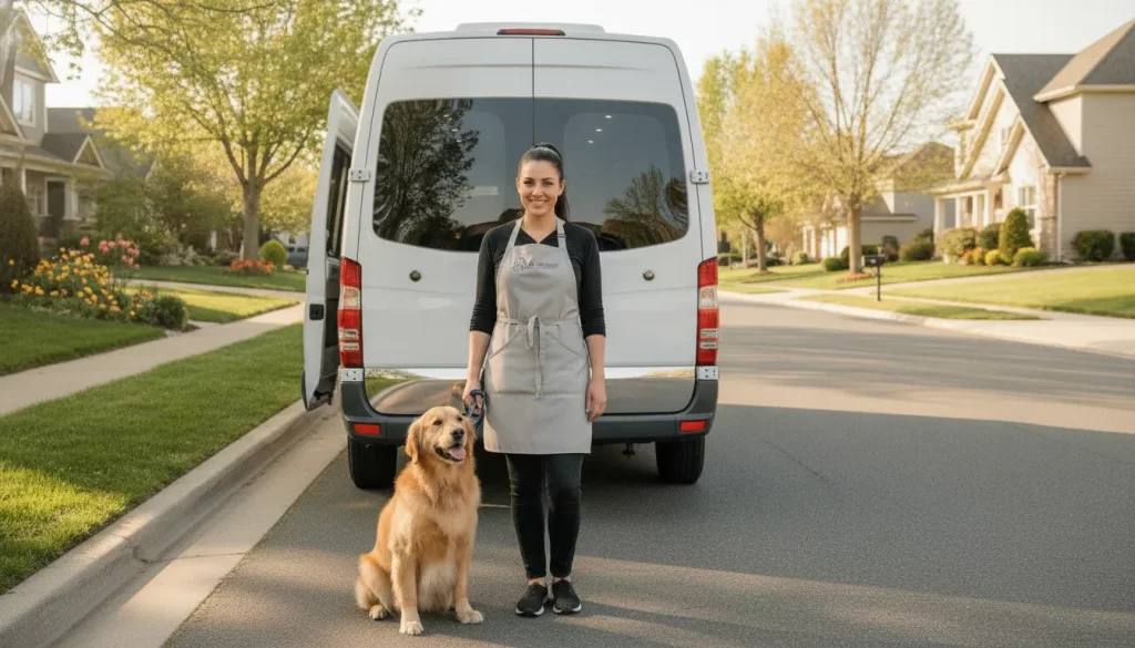 Business owner and trained dog groomer beside a mobile grooming van