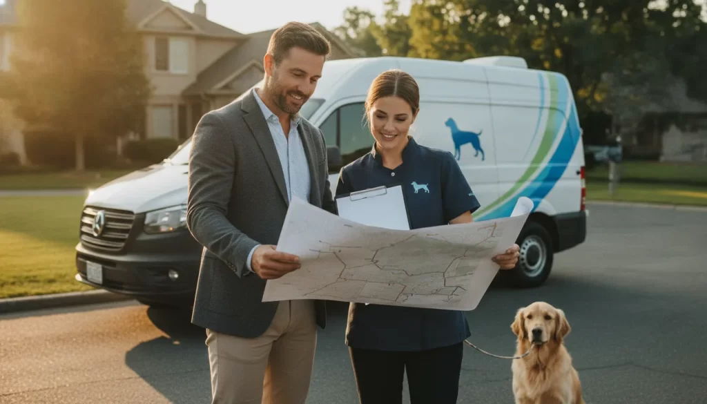 Franchise owner and groomer beside a mobile dog grooming van