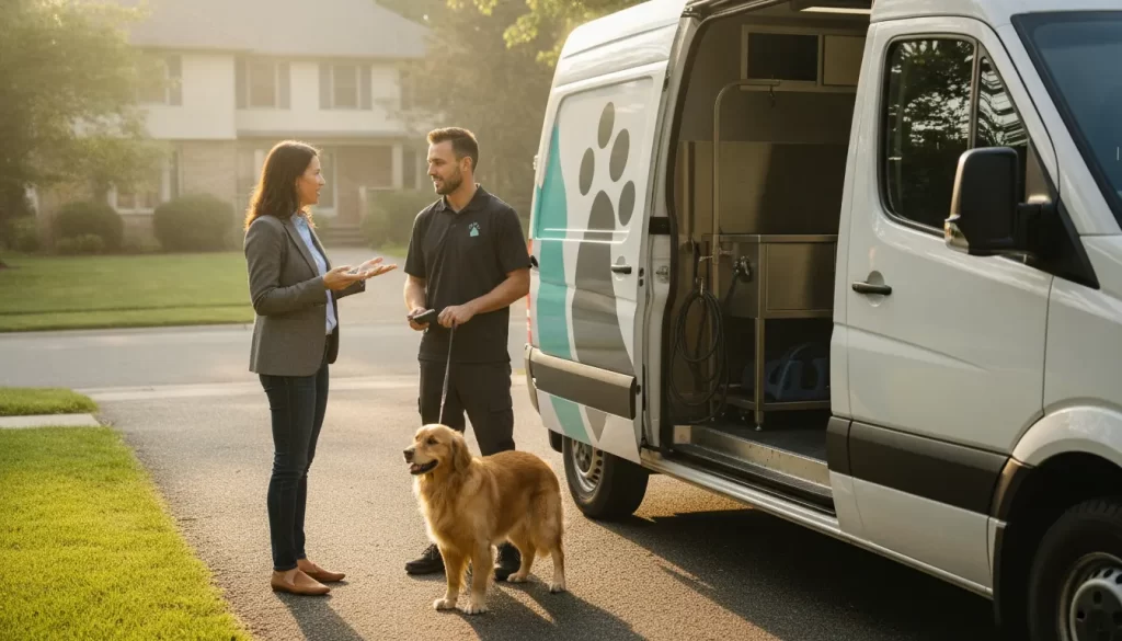 Franchise owner and professional groomer beside a mobile dog grooming van