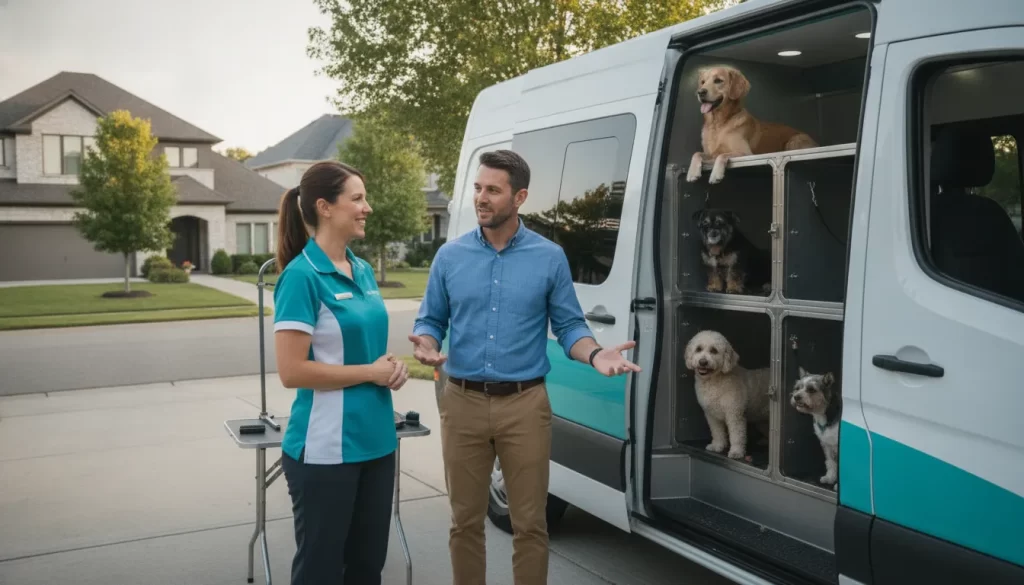 Business owner and professional groomer beside a mobile dog grooming van
