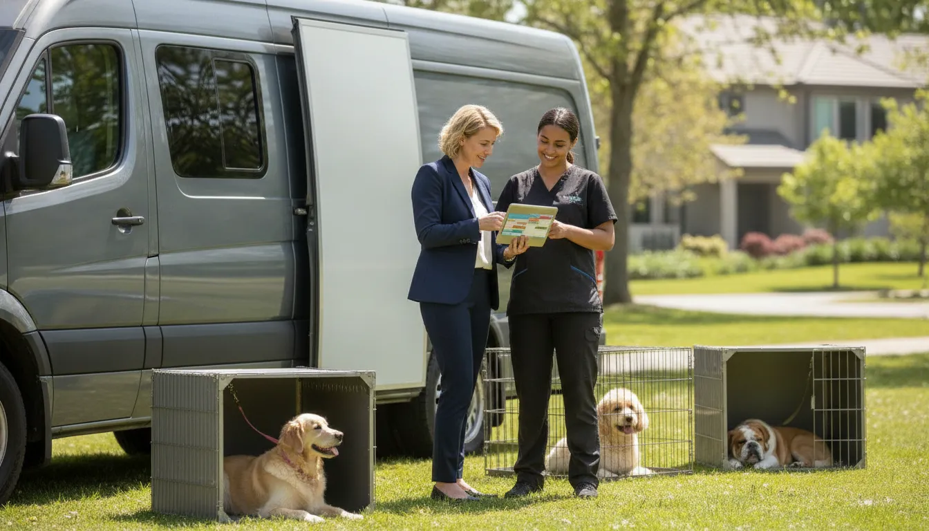 Franchise owner reviewing a mobile grooming schedule beside a grooming van