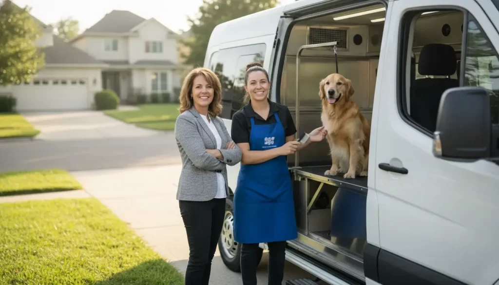 Investor reviewing pet grooming franchise ROI beside a mobile dog grooming van