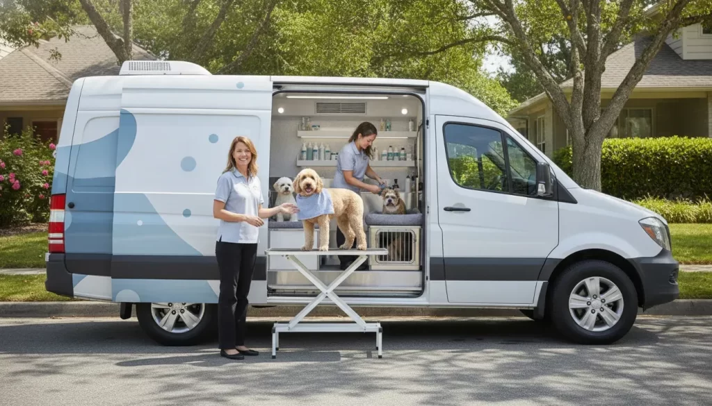 Pet grooming franchise owner and groomer beside a mobile grooming van